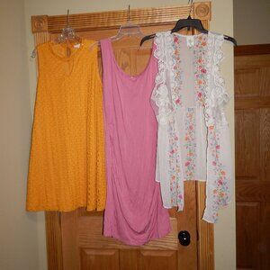 LOT Plus Size Women's 2X Pink & Harvest Yellow Gold Dress & Floral Sheer Duster